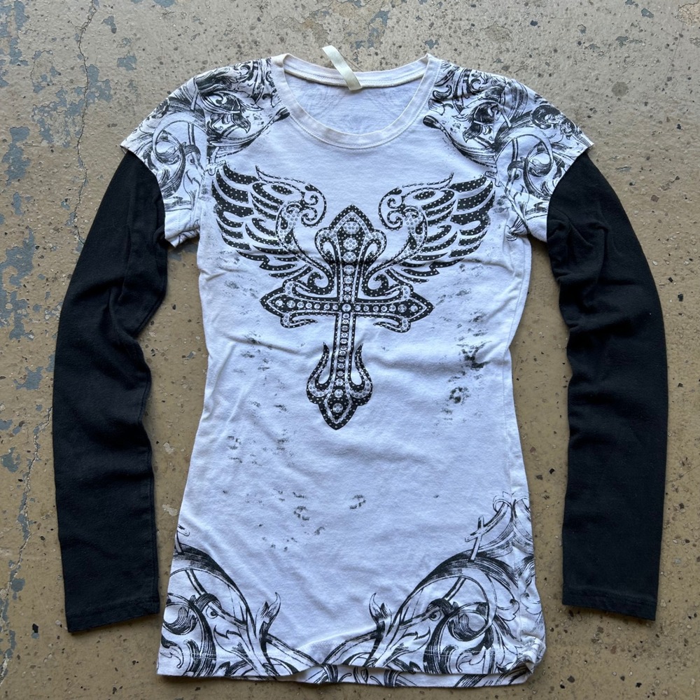 Occasion Womens Y2K Rhinestone Winged Cross Layered Long Sleeve Tee White Black